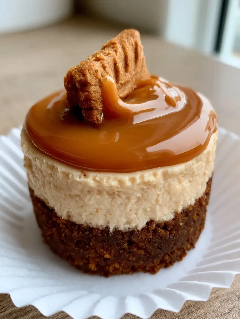 No-Bake Biscoff Cheesecake: The Ultimate Mini Cookie Butter Delights 1 Detailed view of the glossy caramel-colored melted Biscoff topping on a No-Bake Biscoff Cheesecake with a cookie garnish.