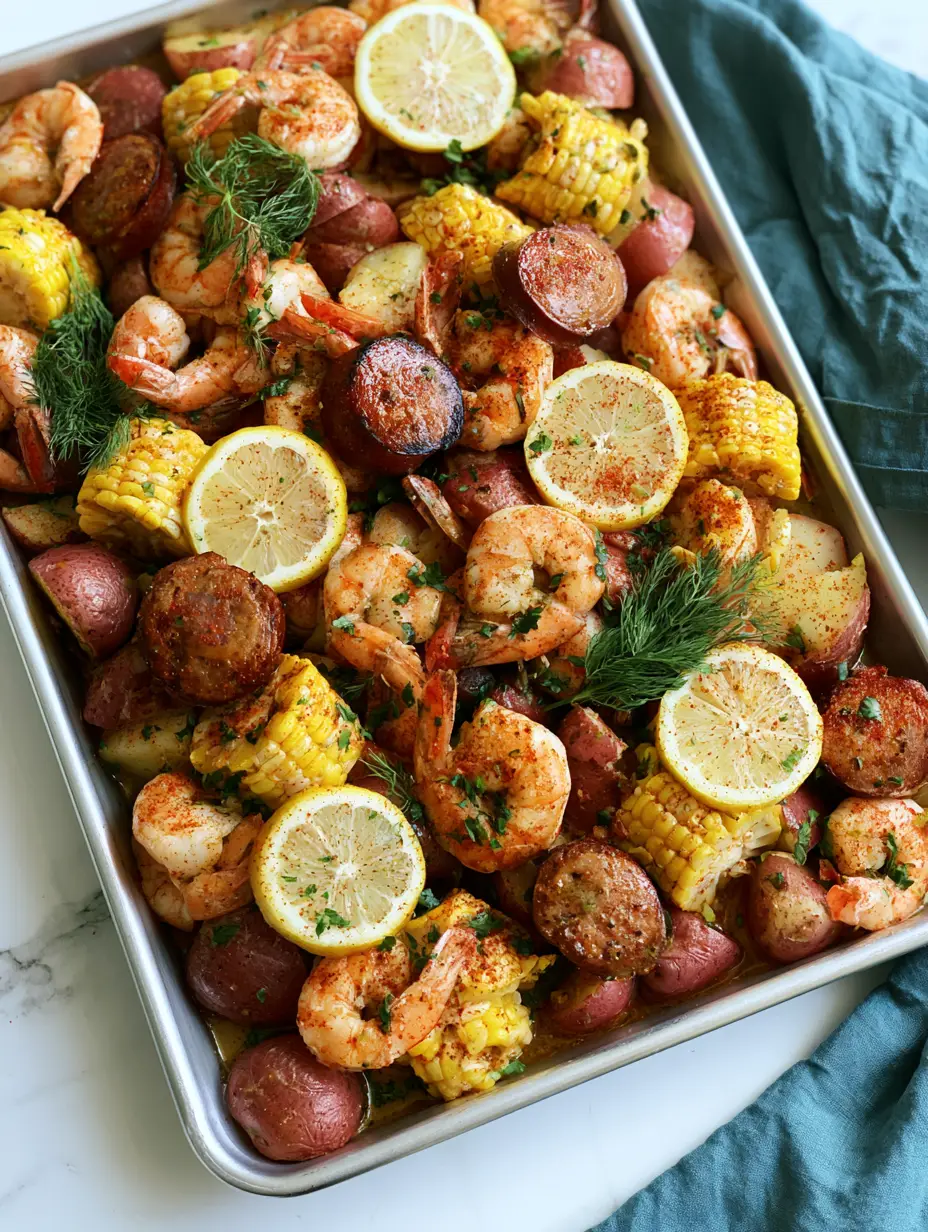 Shrimp Boil Recipe: The Ultimate One-Pan Garlic Butter Seafood Feast 4 Overhead shot of a silver metal baking sheet filled with a Shrimp Boil Recipe featuring corn, potatoes, and seared sausage. (Shrimp Boil Recipe)