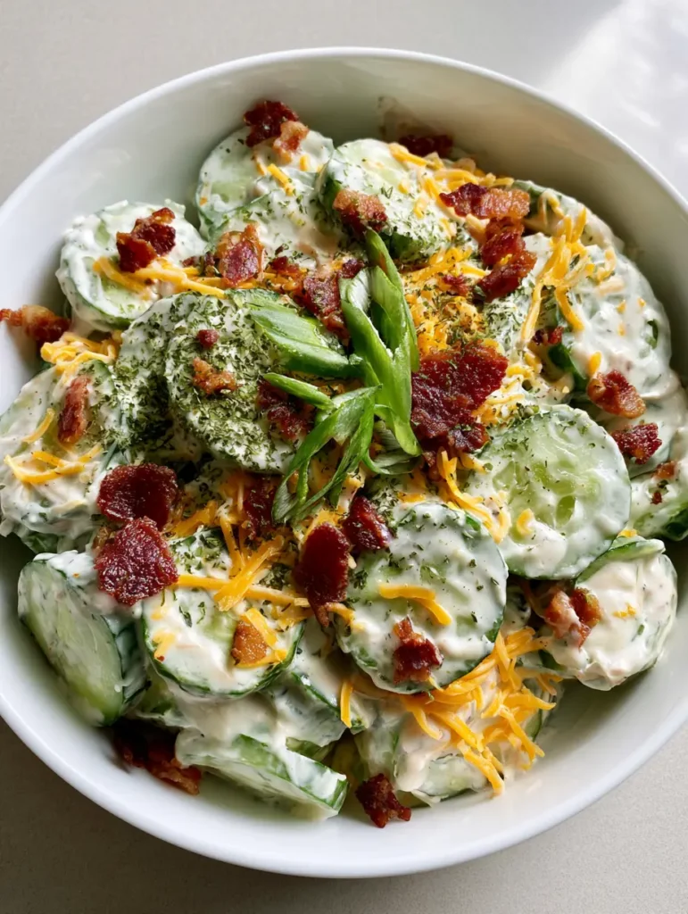 Cucumber Ranch Crack Salad: The Ultimate Creamy, Crunchy Side Dish 1 Cucumber Ranch Crack Salad garnished with crispy bacon crumbles and fresh scallions on a light grey surface.