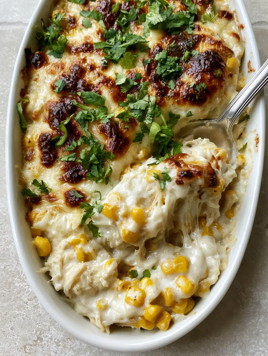 Street Corn Chicken Casserole (The Creamiest Mexican-Inspired Dinner) 3 Close up shot of Street Corn Chicken Casserole in a white dish showing creamy shredded chicken and bright yellow corn.