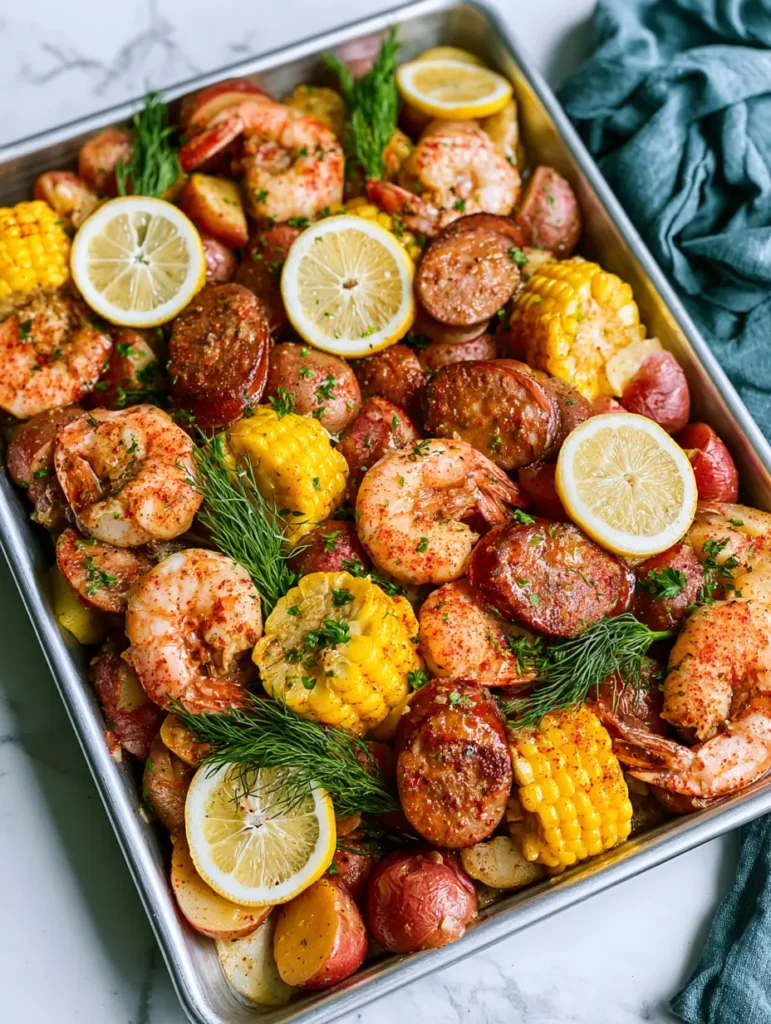 Shrimp Boil Recipe: The Ultimate One-Pan Garlic Butter Seafood Feast 1 Close up of seared smoked sausage and steamed shrimp in a Shrimp Boil Recipe garnished with fresh dill.