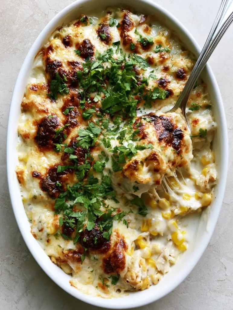 Street Corn Chicken Casserole (The Creamiest Mexican-Inspired Dinner) 1 Top-down view of Street Corn Chicken Casserole with toasted brown cheese spots and a silver spoon lifting a portion.