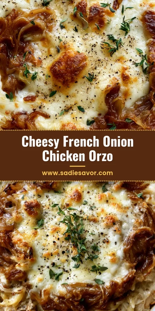 A shallow ceramic casserole dish filled with French Onion Chicken Orzo, featuring a thick layer of melted bubbly Gruyere cheese with golden-brown toasted spots and fresh thyme garnish.