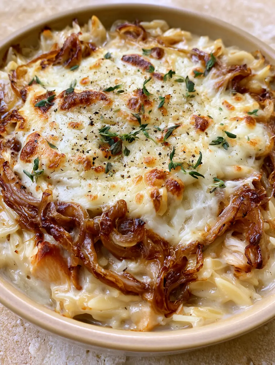 A handheld smartphone photo showing the creamy texture of French Onion Chicken Orzo and bite-sized seared chicken chunks.
