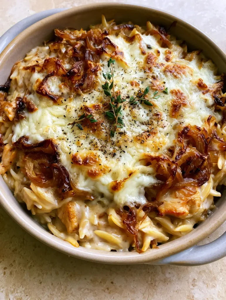 Overhead view of a ceramic casserole dish featuring jammy caramelized onions swirled through creamy orzo and melted cheese.