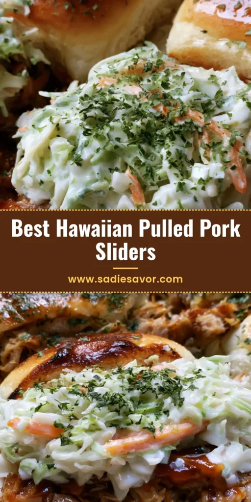 Pulled Pork Sliders with Creamy Slaw and Garlic Herb Butter 4 A close-up overhead shot of a batch of Pulled Pork Sliders in a glass dish, showing toasted Hawaiian rolls topped with parsley and a thick layer of creamy coleslaw and glazed pork.