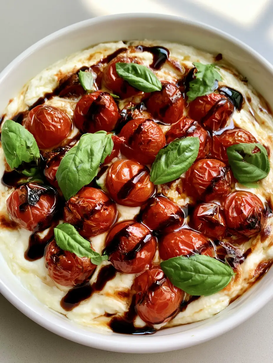 Overhead view of Three-Cheese Tomato Bruschetta Dip showing the creamy white ricotta base and deep red charred tomatoes.