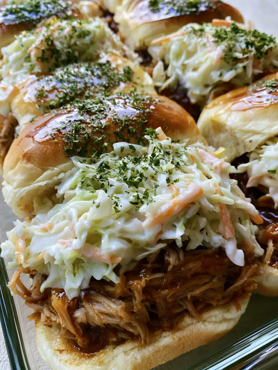 Pulled Pork Sliders with Creamy Slaw and Garlic Herb Butter 3 Overhead view of glistening Pulled Pork Sliders with melted herb butter and dried parsley on golden brown Hawaiian rolls.