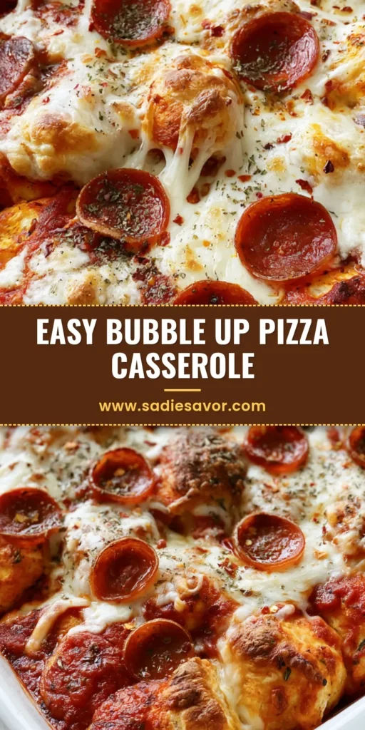 A top-down view of a Bubble Up Biscuit Pizza Casserole with golden-brown dough, melted mozzarella, and crispy pepperoni.