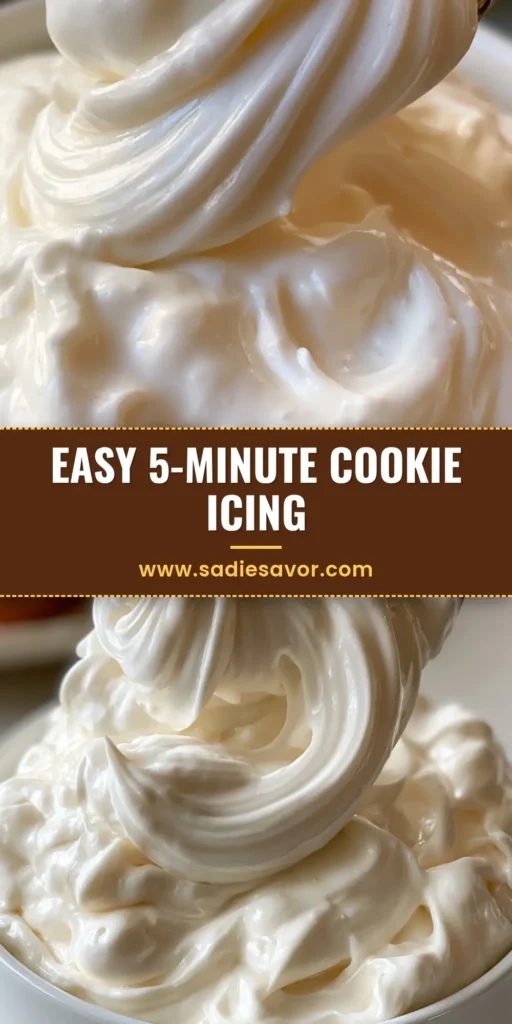 powdered sugar frosting: The Ultimate 5-Ingredient Glossy Vanilla Recipe 4 A close-up of a silver spoon lifting a thick white ribbon of powdered sugar frosting from a ceramic bowl with golden-brown cookies in the background.