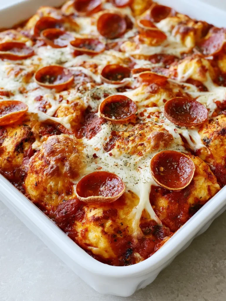Close-up of Bubble Up Biscuit Pizza Casserole showing long cheese pulls and zesty tomato sauce.