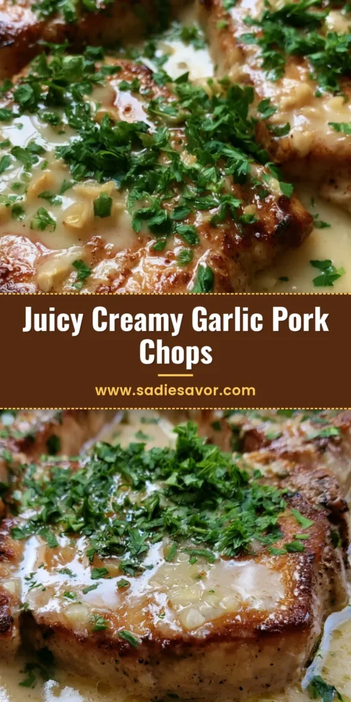 Creamy Garlic Pork Chops: The Ultimate 30-Minute Skillet Dinner 3 Thick golden-brown seared pork chops in a cast iron skillet with ivory garlic cream sauce and fresh parsley. (Creamy Garlic Pork Chops)