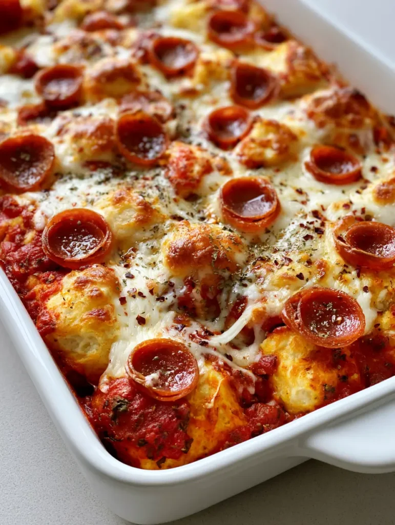 A white ceramic dish filled with Bubble Up Biscuit Pizza Casserole, garnished with oregano and red pepper flakes.