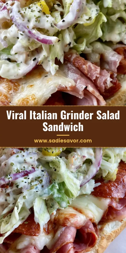 A viral Italian Grinder Salad Sandwich with toasted meats, melted provolone, and a high pile of creamy shredded lettuce salad on parchment paper.