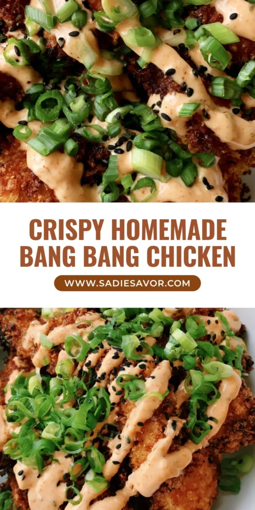 Bang Bang Chicken: The Ultimate Crispy Panko Recipe 3 A pile of crispy panko-crusted Bang Bang Chicken tenderloins in a white bowl, drizzled with orange sauce and topped with scallions and sesame seeds.