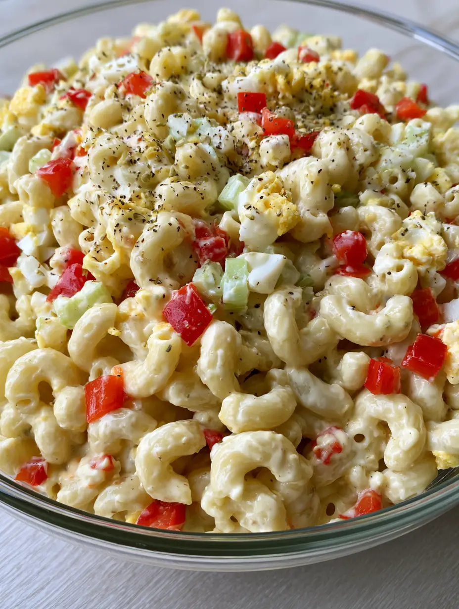 Amish Pasta Salad: The Ultimate Creamy and Tangy Summer Classic 3 Close-up of Amish Pasta Salad showing the thick glossy dressing and finely diced red bell peppers.