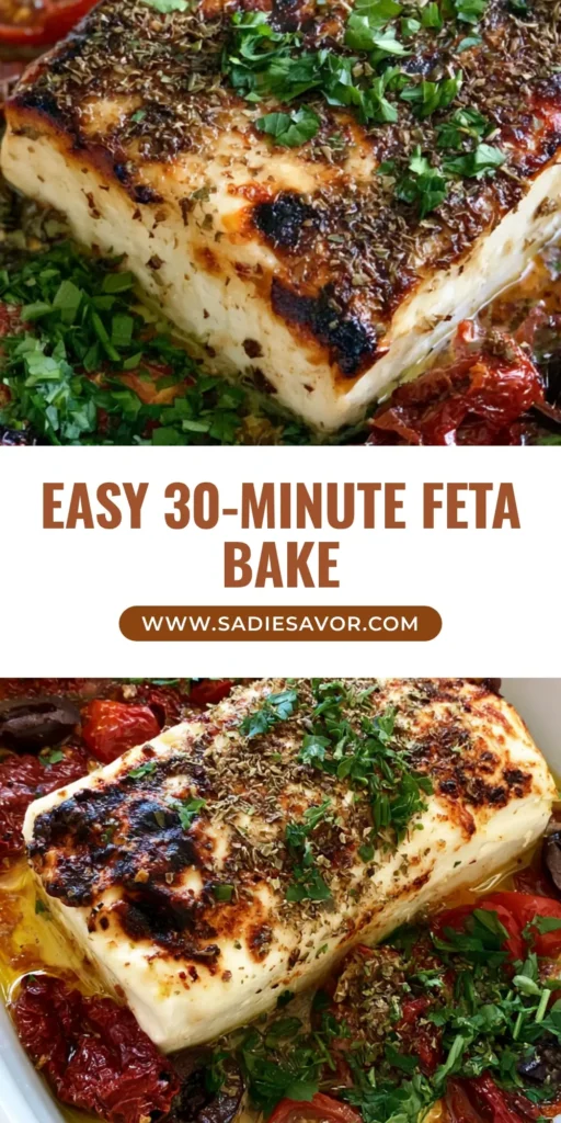 Mediterranean Feta Bake with Blistered Tomatoes and Charred Feta 3 A top-down Pinterest pin view of a Mediterranean Feta Bake in a white ceramic dish with a charred feta block, blistered cherry tomatoes, and fresh parsley.