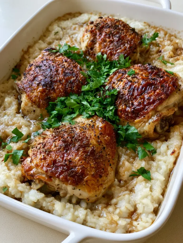 Forgotten Chicken: The Ultimate Crispy and Creamy One-Pan Bake 2 Close-up of Forgotten Chicken showing the texture of the golden-brown chicken skin and the moisture of the onion soup gravy rice.