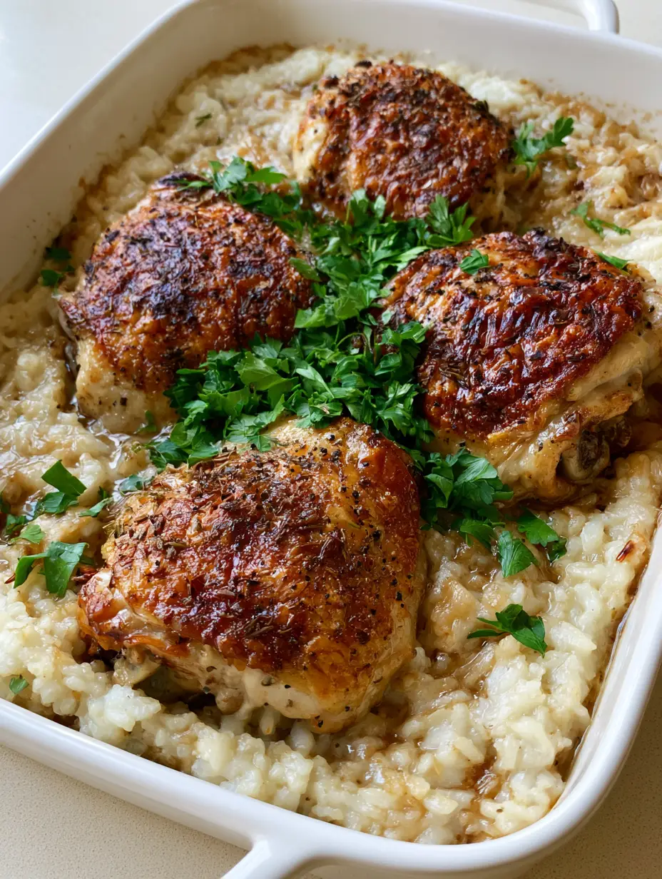 Forgotten Chicken: The Ultimate Crispy and Creamy One-Pan Bake 3 Close-up of Forgotten Chicken showing the texture of the golden-brown chicken skin and the moisture of the onion soup gravy rice.