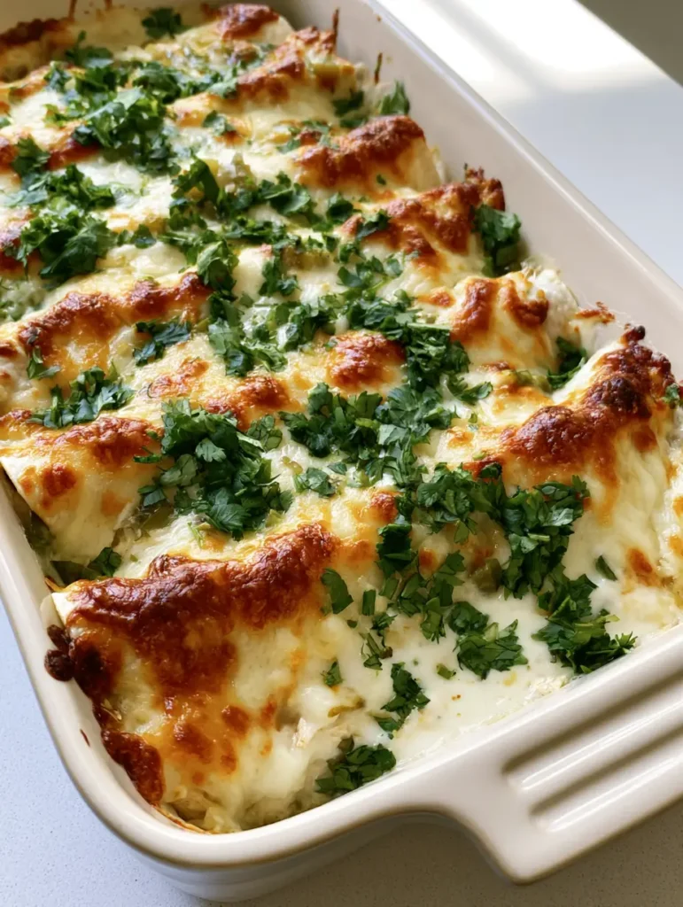 White Chicken Enchilada Casserole with Creamy Green Chile Sauce 1 Overhead view of a rectangular ceramic dish filled with White Chicken Enchilada Casserole garnished with cilantro.