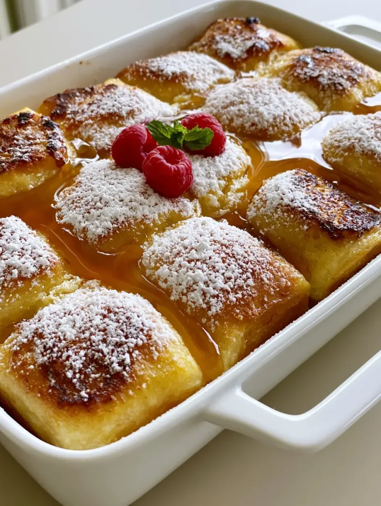 Hawaiian Roll French Toast: The Ultimate Baked Breakfast Casserole 2 Top-down view of Hawaiian Roll French Toast with caramelized edges and thick amber maple syrup pooling between rolls.