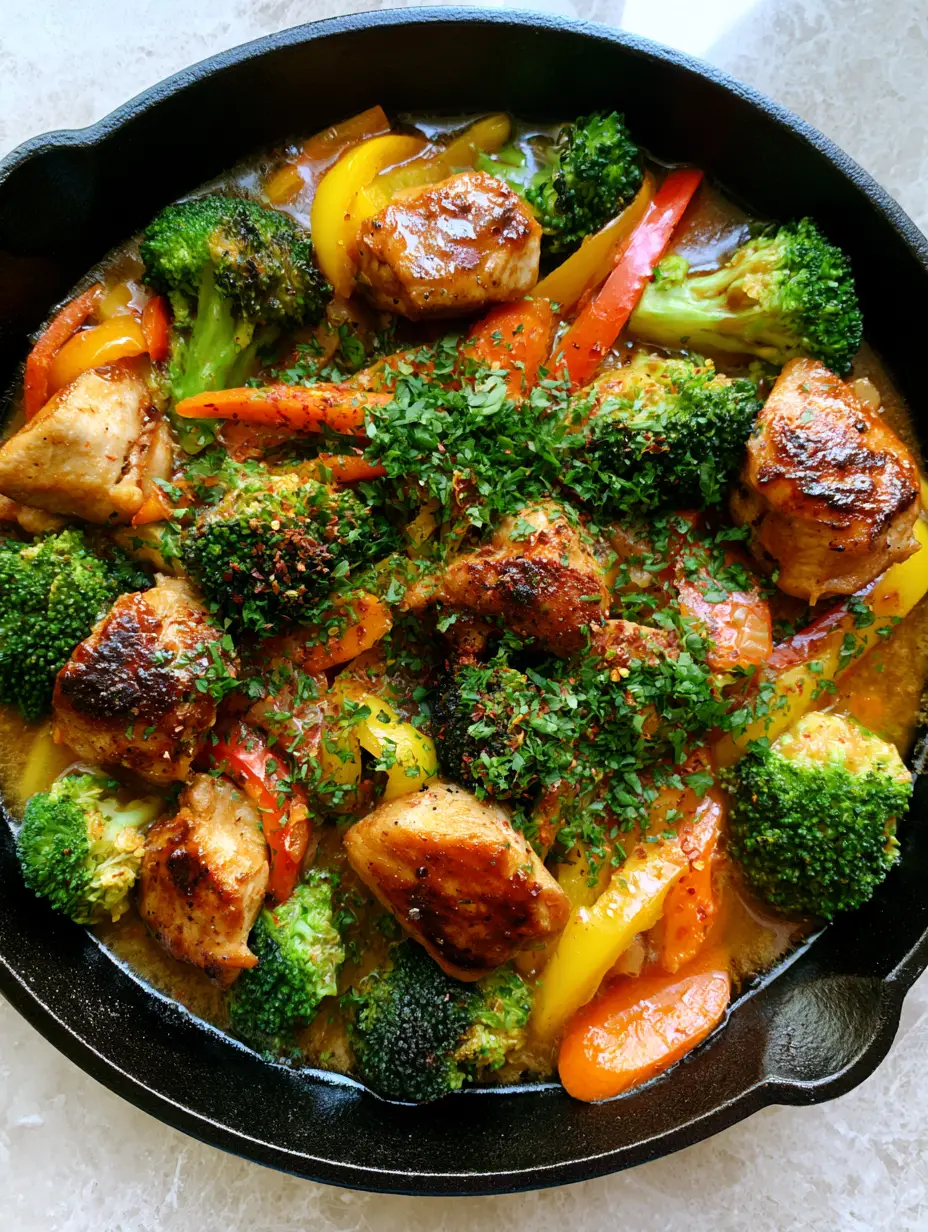 Chicken and Vegetable Skillet: The Ultimate 30-Minute One-Pan Dinner 3 Juicy bite-sized chicken chunks with deep golden-brown sear marks in a Chicken and Vegetable Skillet.