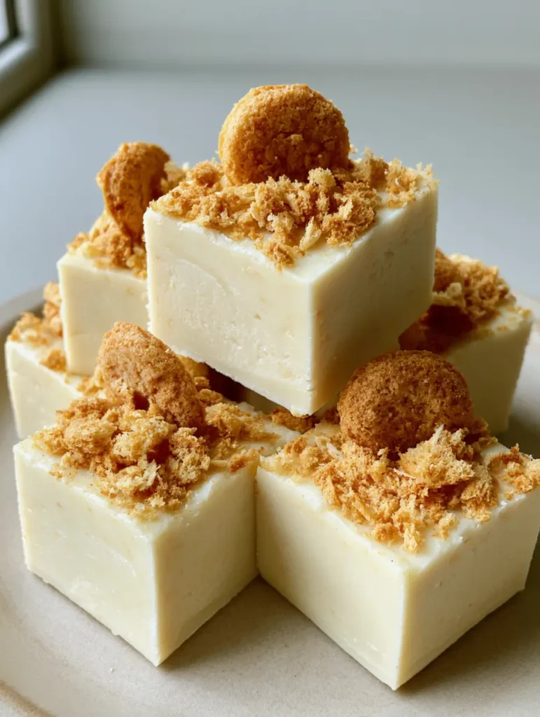 Banana Pudding Fudge with Vanilla Wafers: Easy No-Bake Recipe 1 Overhead shot of thick squares of creamy Banana Pudding Fudge topped with golden vanilla wafer cookies.
