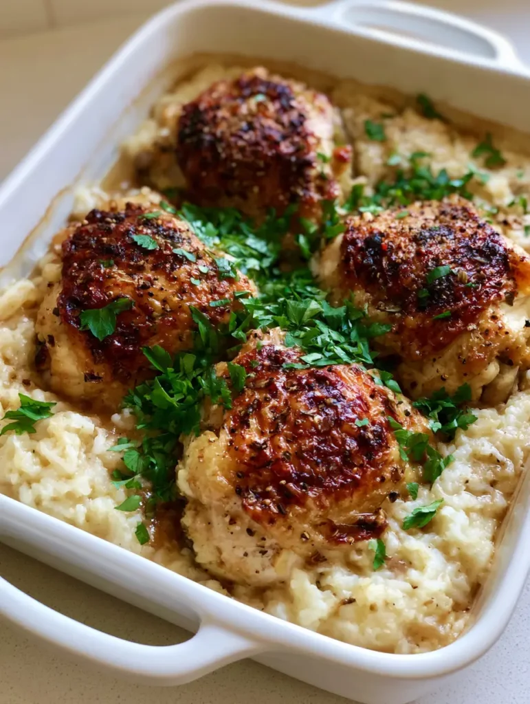 Forgotten Chicken: The Ultimate Crispy and Creamy One-Pan Bake 1 A smartphone photo of the full baking dish of Forgotten Chicken, garnished with parsley on a neutral countertop.