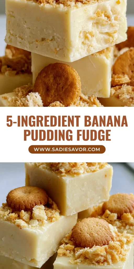 Banana Pudding Fudge with Vanilla Wafers: Easy No-Bake Recipe 4 A tall stack of several thick, square pieces of Banana Pudding Fudge topped with whole vanilla wafers and crumbs on a neutral plate.