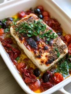 Close-up handheld photo of a Mediterranean Feta Bake showing the melted block of feta with charred golden-brown spots and shimmering olive oil.