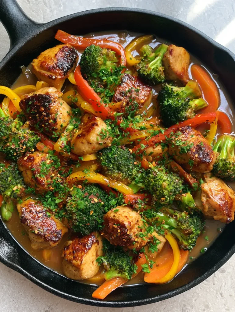 Chicken and Vegetable Skillet: The Ultimate 30-Minute One-Pan Dinner 1 Vibrant red and yellow peppers mixed with bright green broccoli in a glossy savory sauce.