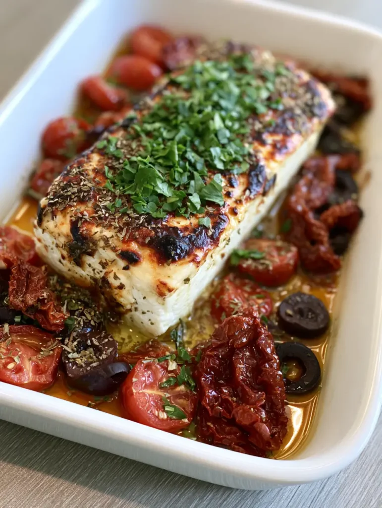 Mediterranean Feta Bake with Blistered Tomatoes and Charred Feta 1 A side-lit view of a white ceramic dish containing Mediterranean Feta Bake with wrinkled sun-dried tomatoes and sliced kalamata olives.
