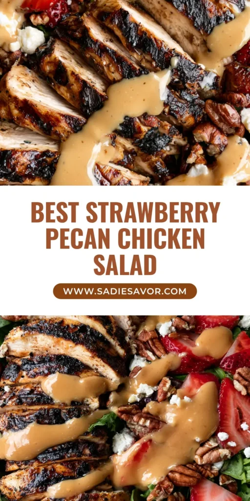 Strawberry Pecan Chicken Salad with Creamy Pecan Vinaigrette 4 A top-down smartphone photo of a Strawberry Pecan Chicken Salad in a white bowl with charred grilled chicken, sliced strawberries, and creamy pecan dressing.