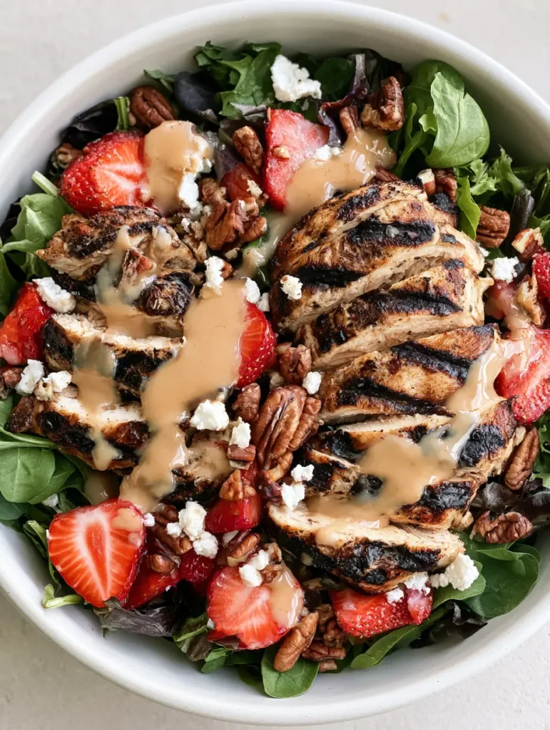 Strawberry Pecan Chicken Salad with Creamy Pecan Vinaigrette 2 Close up of Strawberry Pecan Chicken Salad featuring dark sear marks on chicken and vibrant red strawberries.