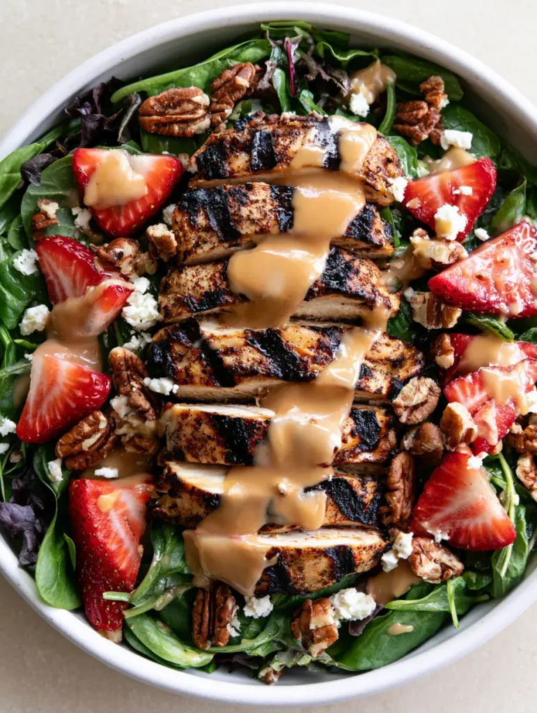 Strawberry Pecan Chicken Salad with Creamy Pecan Vinaigrette 1 Overhead view of Strawberry Pecan Chicken Salad showing the thick tan pecan butter vinaigrette drizzle.