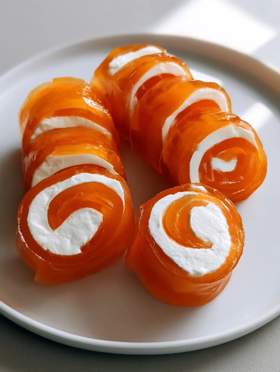 Creamsicle Vodka Jello Rollups: The Ultimate Boozy Party Treat 3 High-angle view of sliced Creamsicle Vodka Jello Rollups with a vibrant orange gelatin layer and matte white center.