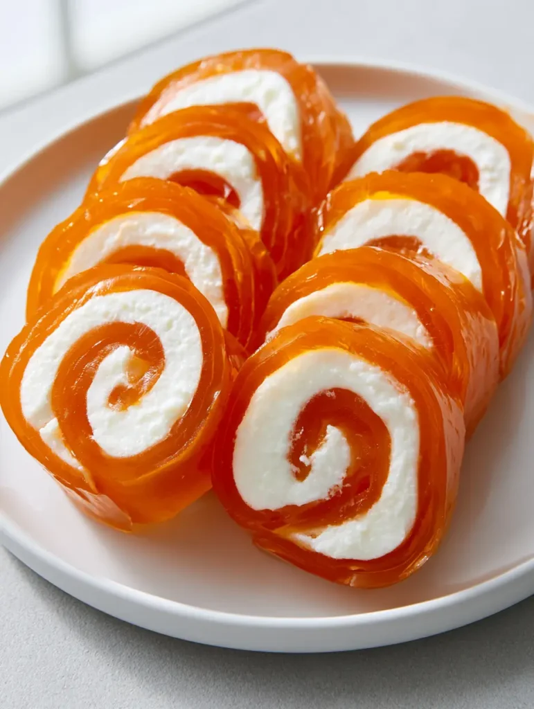 Creamsicle Vodka Jello Rollups: The Ultimate Boozy Party Treat 1 Close-up of the glossy orange and matte white texture of the Creamsicle Vodka Jello Rollups.