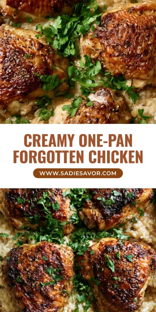 Forgotten Chicken: The Ultimate Crispy and Creamy One-Pan Bake 4 A top-down view of Forgotten Chicken in a white baking dish featuring four crispy golden-brown chicken thighs on a bed of creamy rice with fresh parsley.