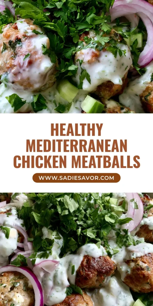 Mediterranean Chicken Meatballs with Feta and Creamy Tzatziki 3 A handheld smartphone photo of a white bowl filled with seared Mediterranean Chicken Meatballs drizzled with white tzatziki sauce and topped with red onion and cucumber.