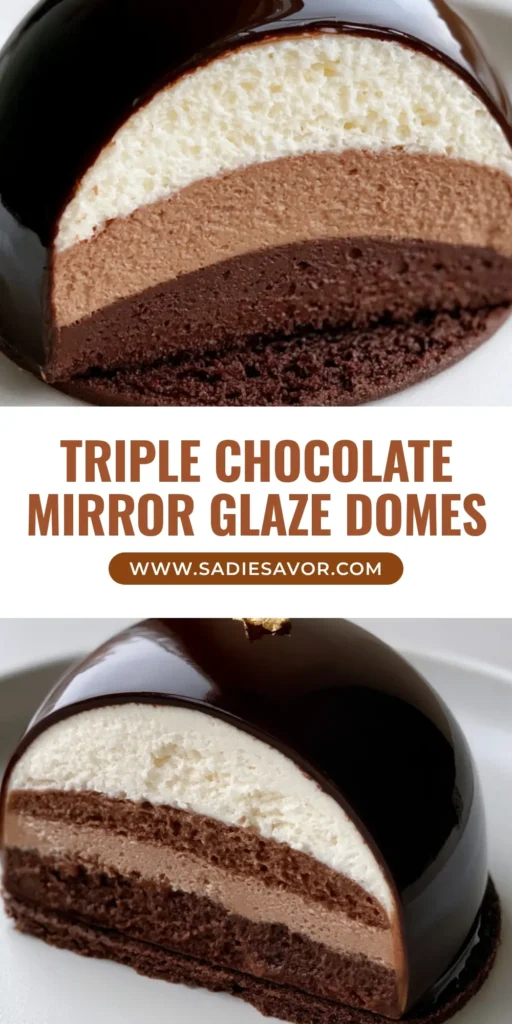 Chocolate Mousse Domes with a Flawless Mirror Glaze and Triple Layers 4 A close-up of a sliced Chocolate Mousse Dome showing three horizontal layers of dark, milk, and white chocolate on a biscuit base.