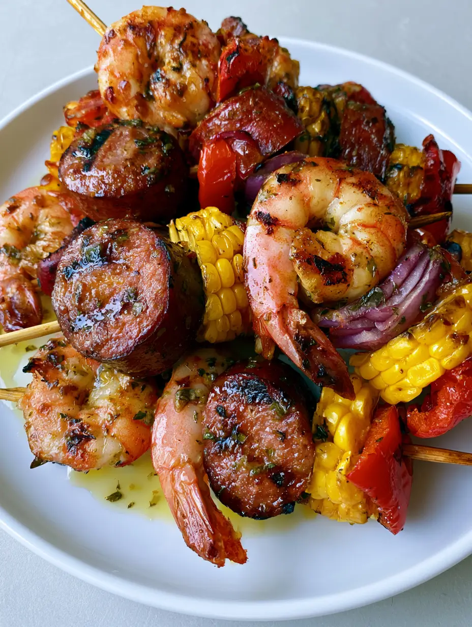 Grilled Seafood Skewers with Smoky Sausage and Charred Corn 4 Close-up of several Grilled Seafood Skewers stacked on a white ceramic plate with visible grill marks and herb oil glaze.