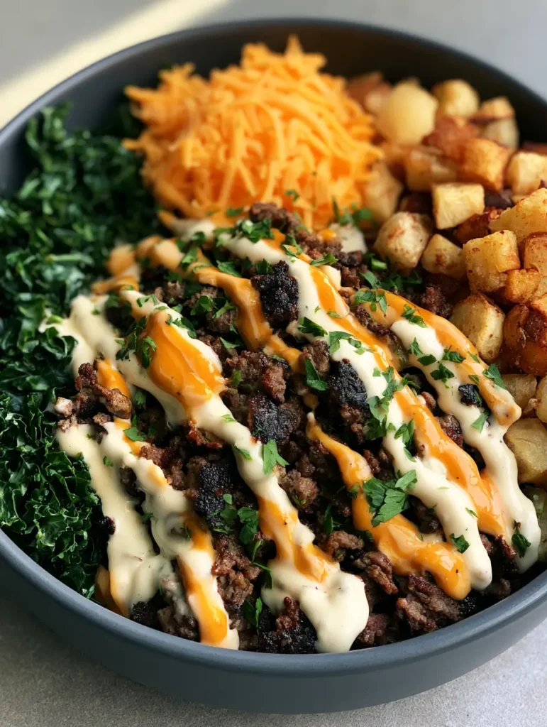 Smash Burger Bowl with Crispy Roasted Potatoes 2 Close up shot of seared ground beef with charred edges and zig-zag burger sauce in a Smash Burger Bowl.