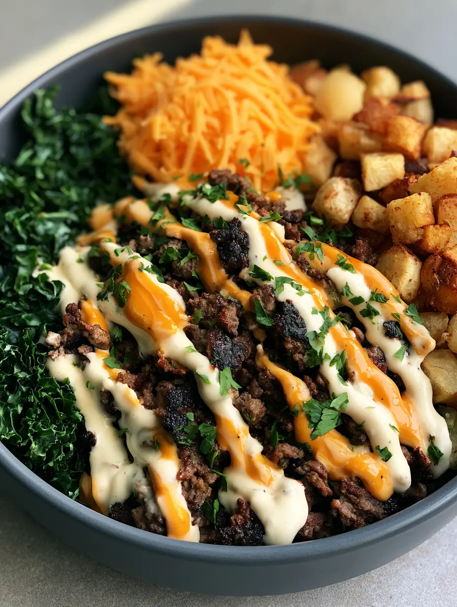 Smash Burger Bowl with Crispy Roasted Potatoes 4 Close up shot of seared ground beef with charred edges and zig-zag burger sauce in a Smash Burger Bowl.