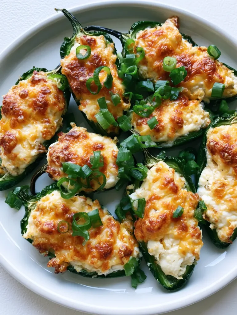 Jalapeño Poppers Recipe: The Ultimate Bubbly Cheesy Appetizer 2 Halved green peppers with thick creamy white cheese filling and melted bubbly cheddar cheese for Jalapeño Poppers Recipe.