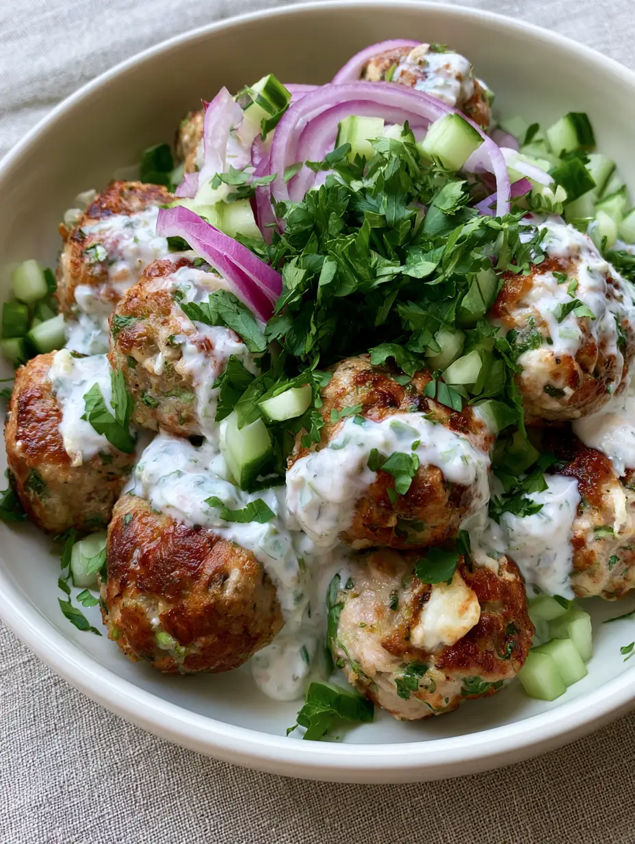 Mediterranean Chicken Meatballs with Feta and Creamy Tzatziki 4 Close-up of golden-brown seared Mediterranean Chicken Meatballs with visible feta cheese and sun-dried tomato bits.