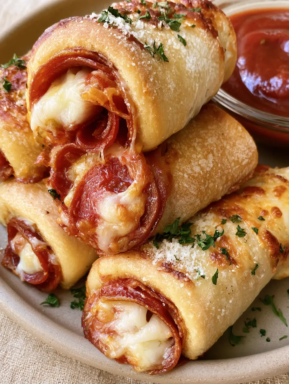 Pepperoni Pizza Rolls: The Best Golden-Brown Cheesy Breadsticks 4 Close-up of Pepperoni Pizza Rolls showing melted mozzarella and bubbly edges.