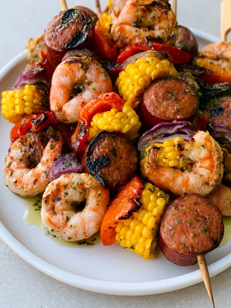 Grilled Seafood Skewers with Smoky Sausage and Charred Corn 1 Detailed view of Grilled Seafood Skewers showing blistered red bell peppers and glistening herb oil flakes.