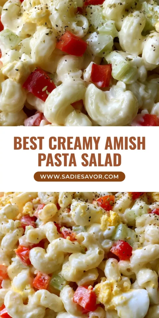 Amish Pasta Salad: The Ultimate Creamy and Tangy Summer Classic 4 A large glass bowl of creamy Amish Pasta Salad with elbow macaroni, red peppers, and hard-boiled eggs.