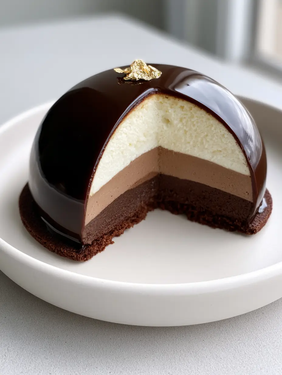 Chocolate Mousse Domes with a Flawless Mirror Glaze and Triple Layers 3 A single dark Chocolate Mousse Dome with a perfectly smooth reflective mirror glaze and gold leaf on a white plate.