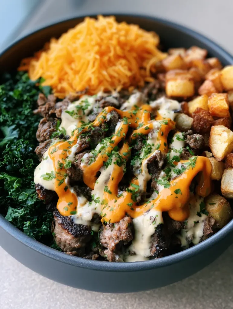 Smash Burger Bowl with Crispy Roasted Potatoes 1 A Smash Burger Bowl showing distinct sections of curly kale, shredded cheddar, and roasted golden potatoes.